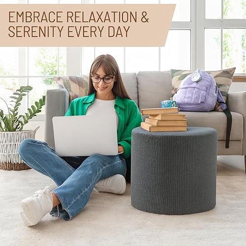 Miniatura 3 de Puf redondo otomano y reposapiés, pufs de pana suave con relleno de espuma (gris)