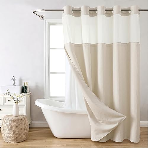 Cortina de ducha texturizada de lino sin ganchos con forro de tela a presión, cortinas de ducha de decoración de lujo para baño con ventana superior