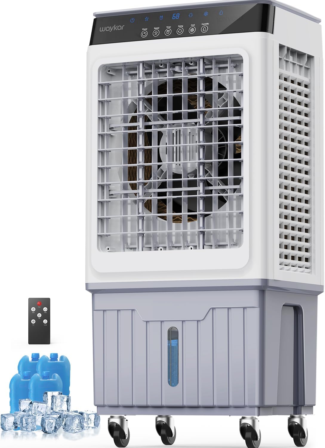 Waykar Swamp Cooler, 4800 CFM Evaporative Air Cooler with 8 Gals Water Tank, 1200 Sq.Ft. Portable Air Conditioner with 4 Ice Pack, 120°/60°Oscillation, 3 Models for Garage, Yard, Commercial Use