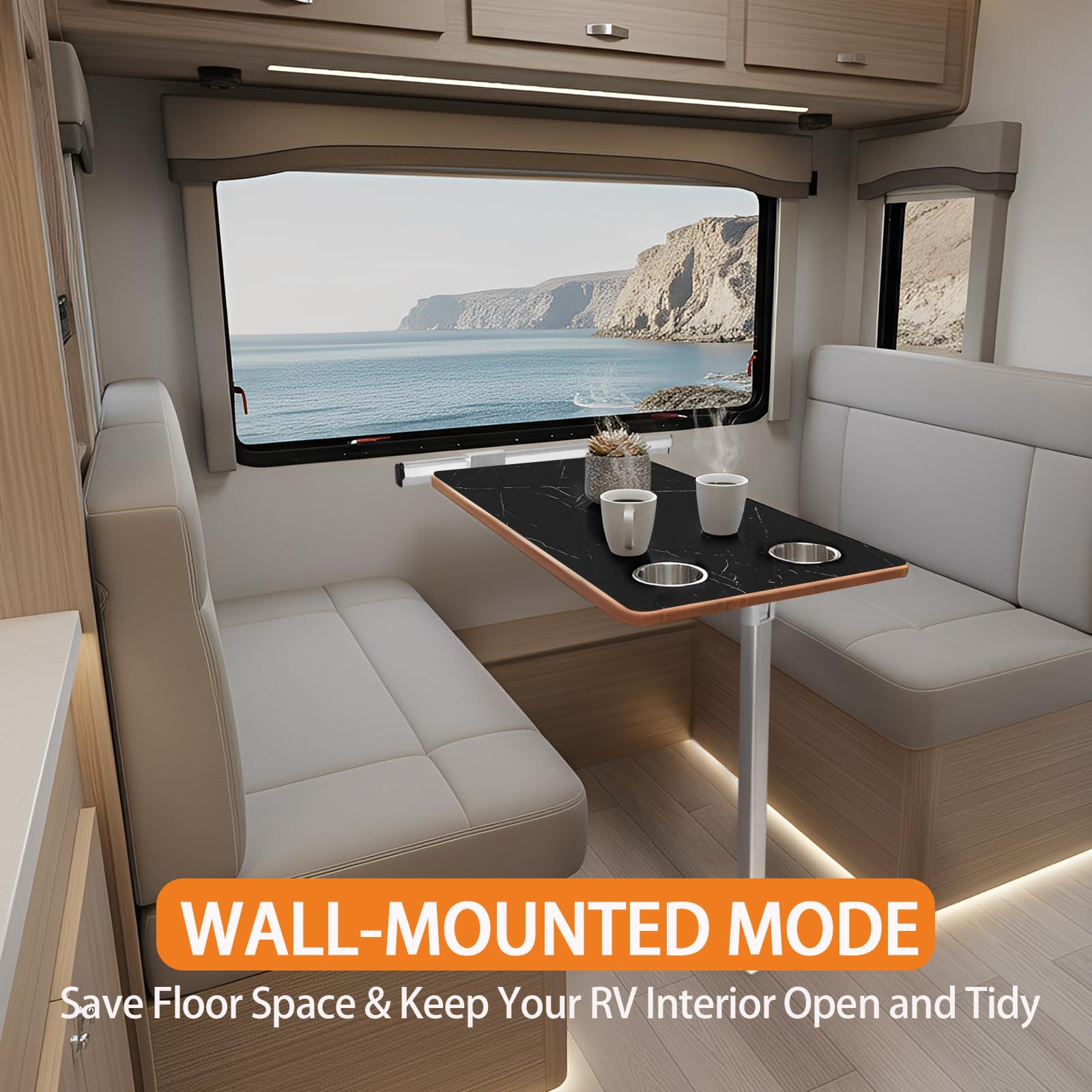 Wohnmobil-Tisch mit verstellbarem Teleskopbein, 80 x 40 cm, schwarze Rock-Textur-Tischplatte mit zwei Getränkehaltern, Wandmontage oder freistehender Esstisch für Wohnmobil, Boot (Silber)