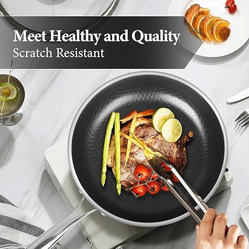 Miniatura 3 de Sartén antiadherente de 10 pulgadas, sartén híbrida de titanio con tapa, mango que se mantiene fresco, sartén profesional, apto para lavavajillas,