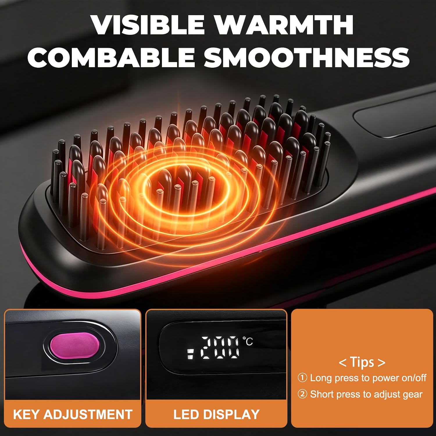 Go Brush - Pro, Cordless Hair Straightener Brush, Rechargeable Portable Frizz-Free Ionic, MCH Fast Heating 20s, 199M Negative Ions, 3 Temps & LED Display, Anti-Scald, 3200mAh USB-C for Women Travel