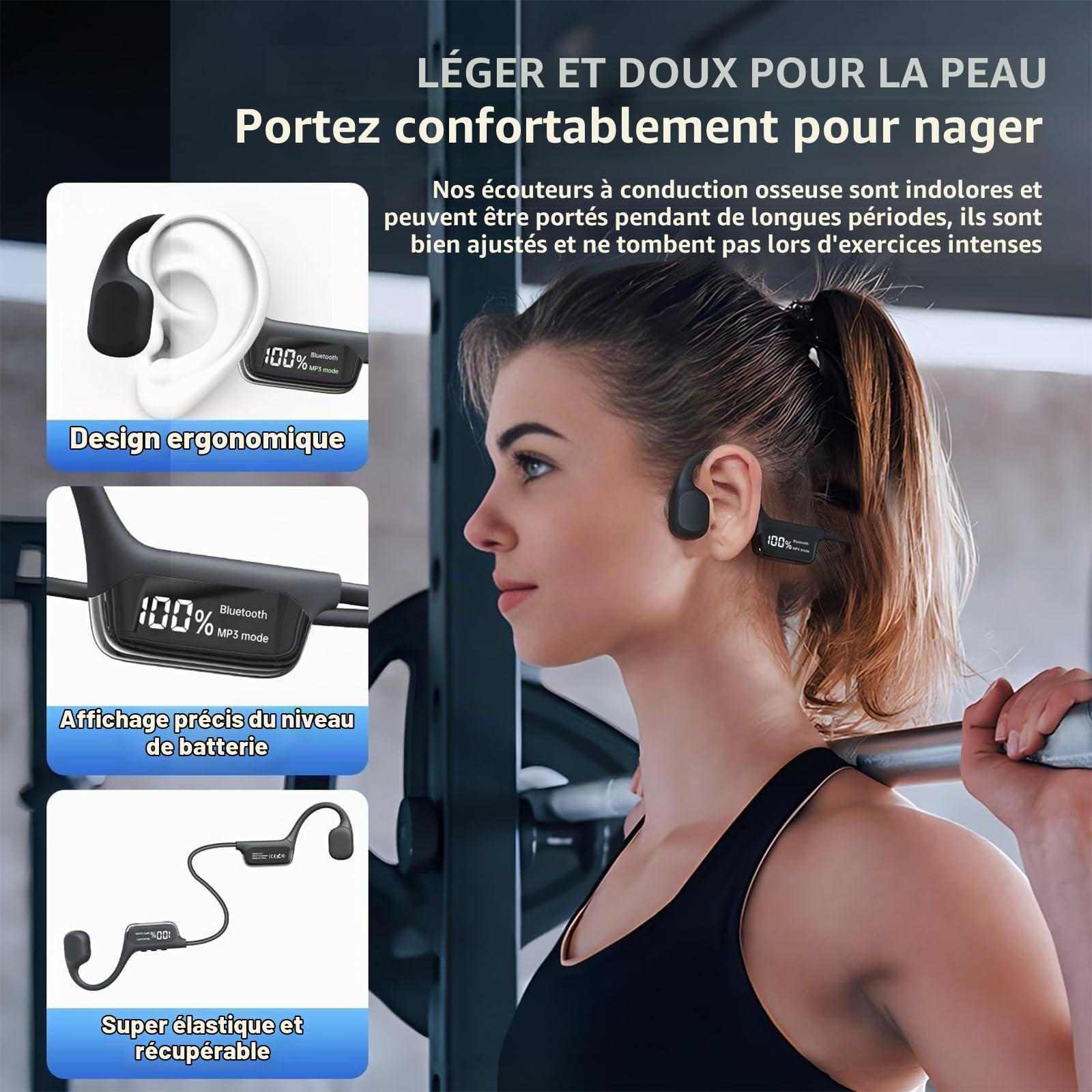 ZVD Casque Conduction Osseuse sans Fil,Casque de Natation IPX8 Étanche Version 5.4,Écouteur Sport Ouvert avec Lecteur Audio Intégré 32G Mémoire pour Natation, Vélo et Course à Pied