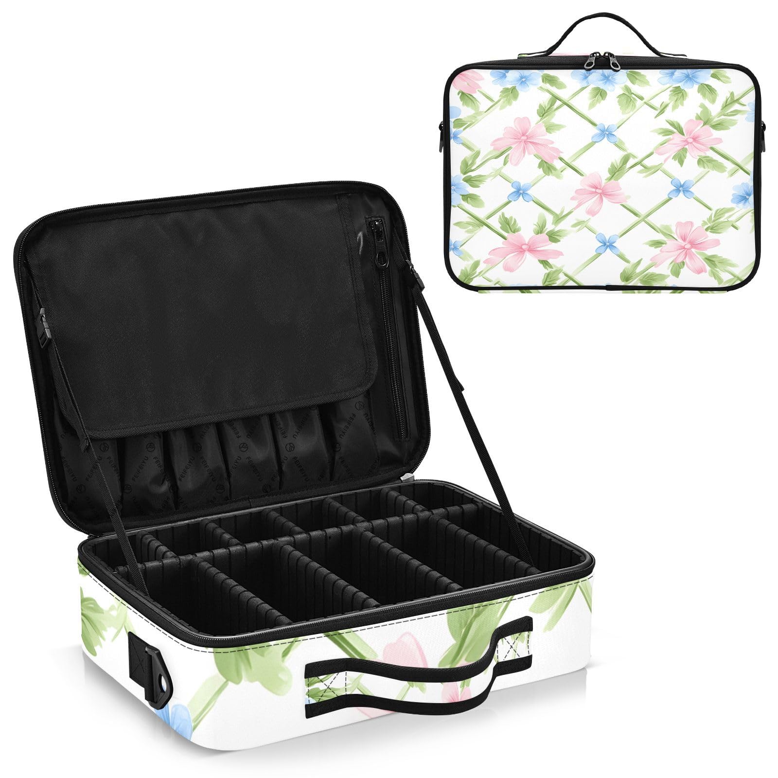 zyrtty Travel Makeup Train Case Blue Pink Flower Pattern Cosmetic Organizer Portable Storage Bag with Adjustable Dividers for Cosmetics Brushes Toiletry Jewelry Digital Accessories