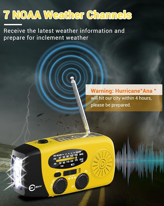 Esky Emergency Hand Crank Radio with 3 LED Flashlight, AM/FM/NOAA Portable Weather Radio with 2000mAh Rechargable Battery, Solar Powered USB Charged Radio for Indoor Outdoor Camping, SOS Alarm