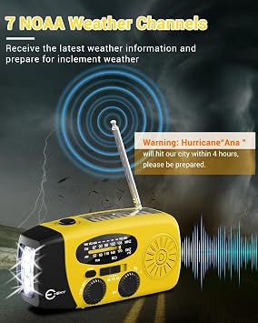 Esky Emergency Hand Crank Radio with 3 LED Flashlight, AM/FM/NOAA Portable Weather Radio with 2000mAh Rechargable Battery, Solar Powered USB Charged Radio for Indoor Outdoor Camping, SOS Alarm