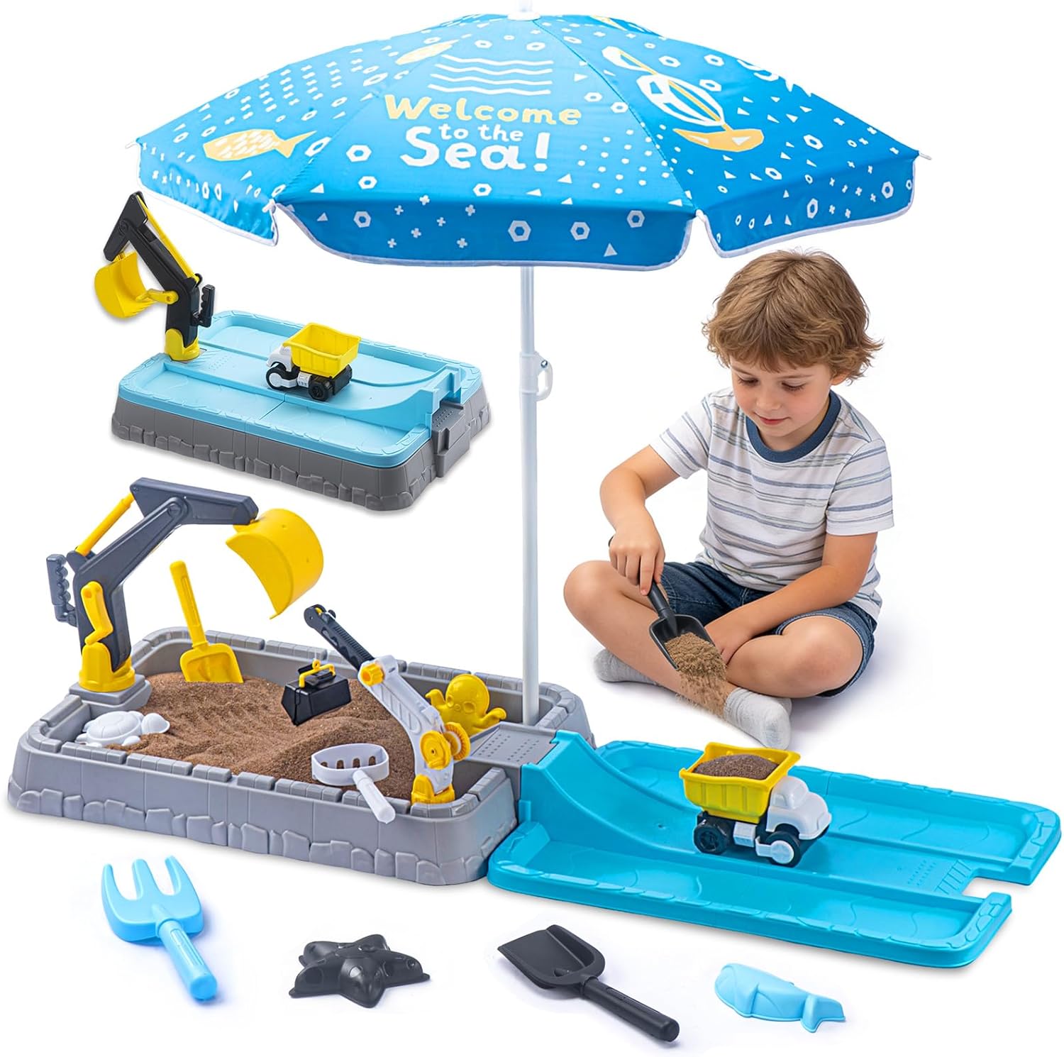 Kids Excavator Sandbox with Umbrella & Cover, Construction Sandbox Set with Beach Toys & Dump Truck, Outdoor Educational Play Set for Toddlers Ages 3-12
