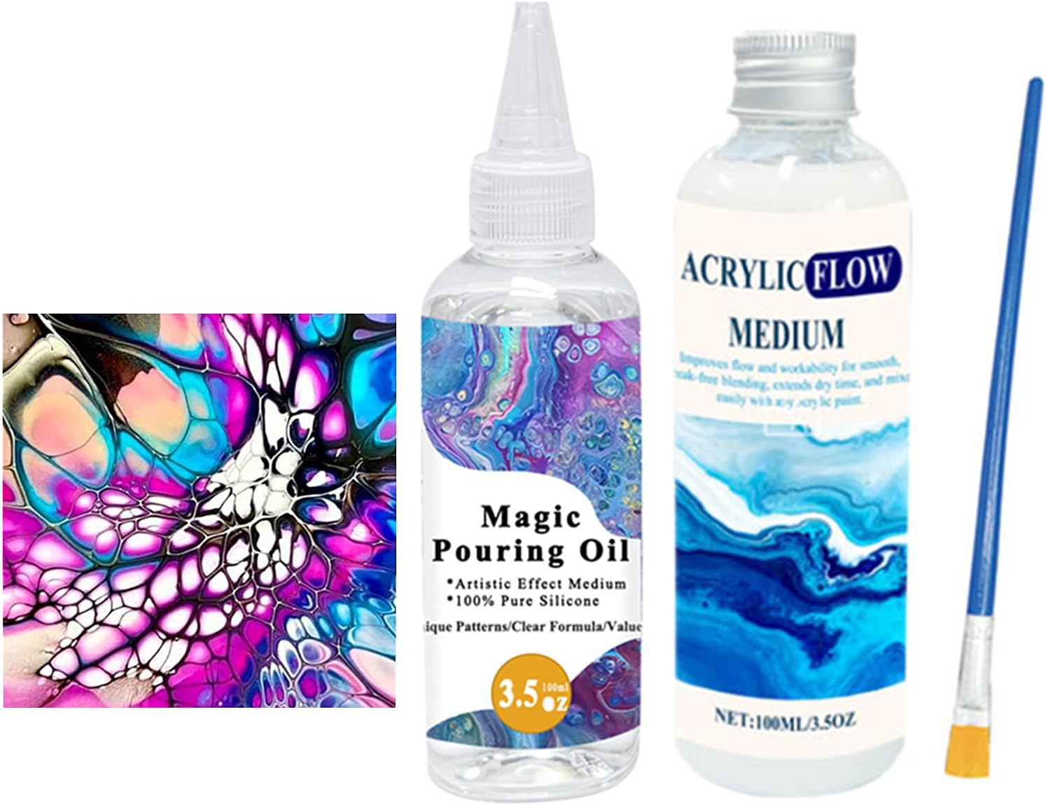 Premium Acrylic Flow Medium with Silicone Pour Oil & Brush, White Color Fluid Acrylic Pour Paint, Cell Formation (3pcs White Pour Paint with Silicone Oil)
