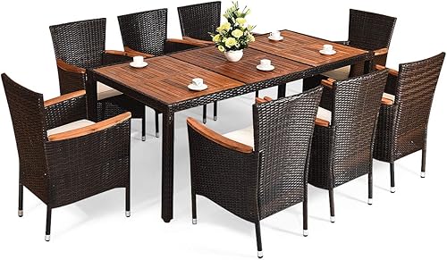 Miniatura 9 de Tangkula Juego de comedor al aire libre de 9 piezas, juego de mimbre para jardín con cojines, muebles con mesa de madera de acacia y sillas