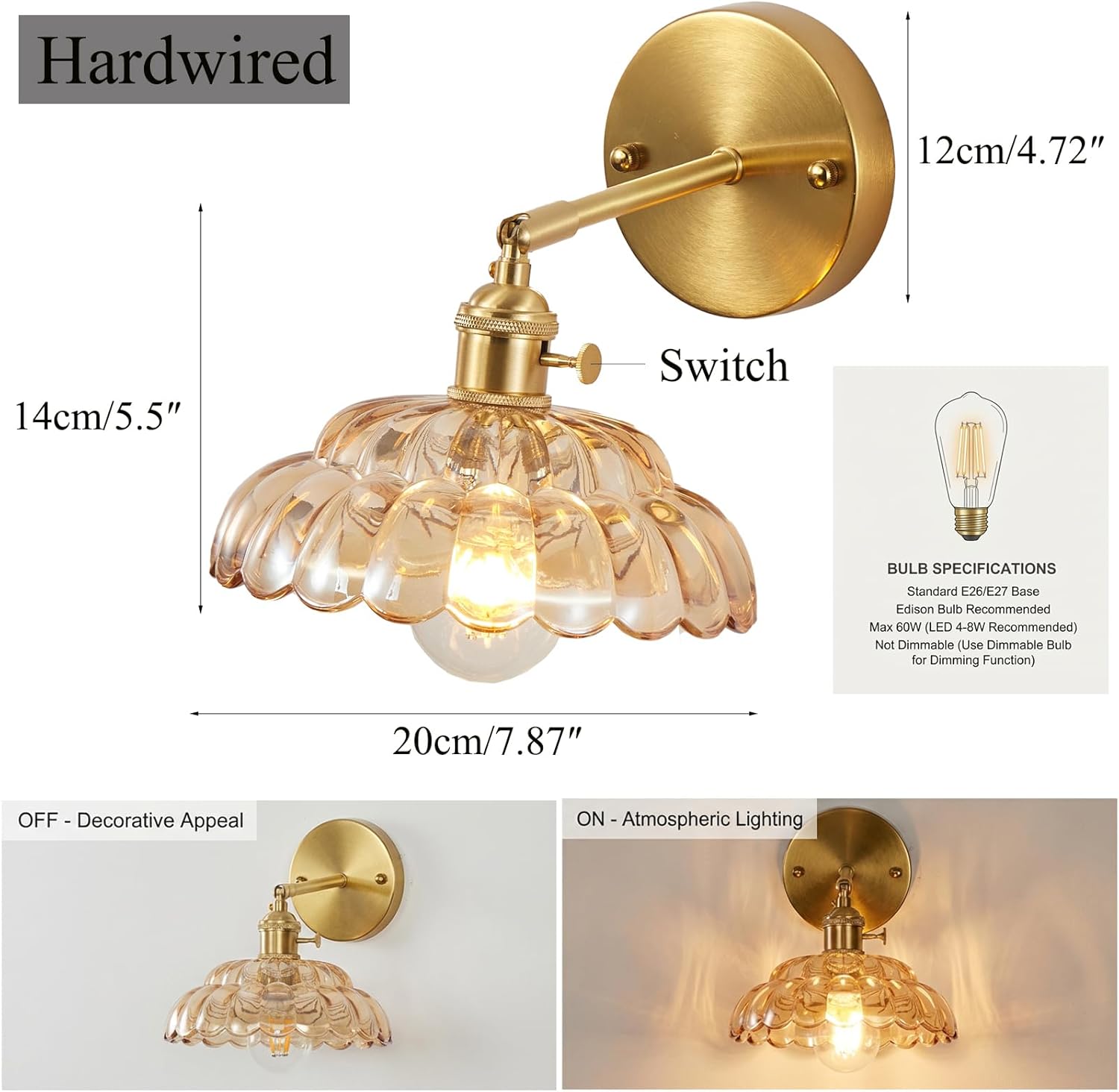 Industrial Style Amber Glass Wall Lights Bedside Lamp with Brass Socket Compatible with E26/E27 Bulbs 110V/120V Hardwired Wall Sconce with Switch