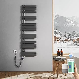 Heilmetz Badheizkörper Elektrisch 1385 x 400mm Anthrazit mit WIFI Smart Heizstab 600W, Flach Handtuchwärmer Elektrischer Handtuchheizkörper mit Smartes Heizelement für Handtuchtrockner APP-Steuerung