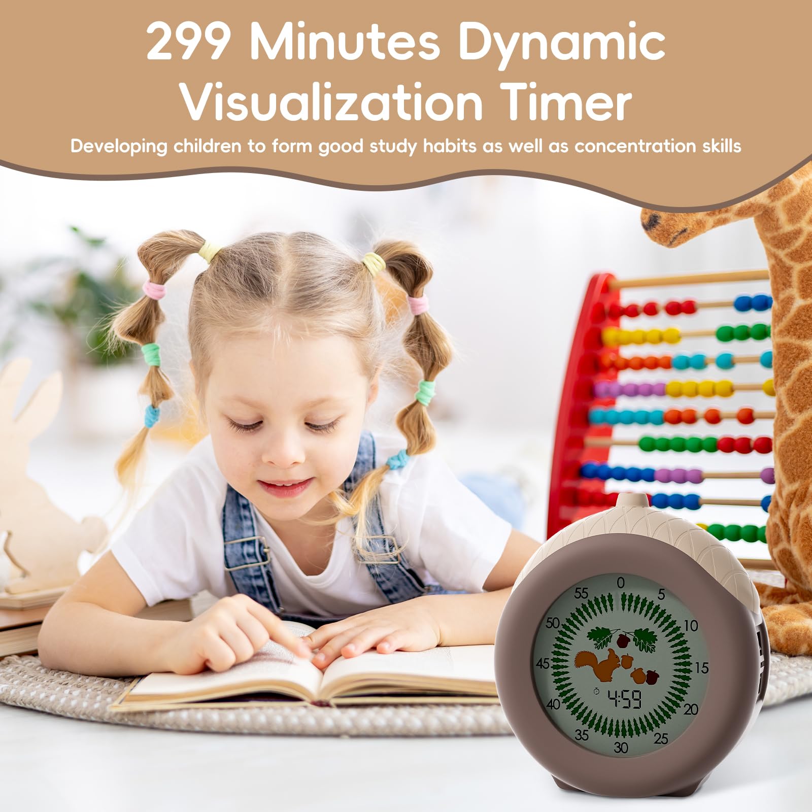 Visual Timer for Kids with Protective Case, Hazelnut Theme 299 Minute Pomodoro Timer for Classroom Office Kitchen, ADHD Tools for Kids Management Tool