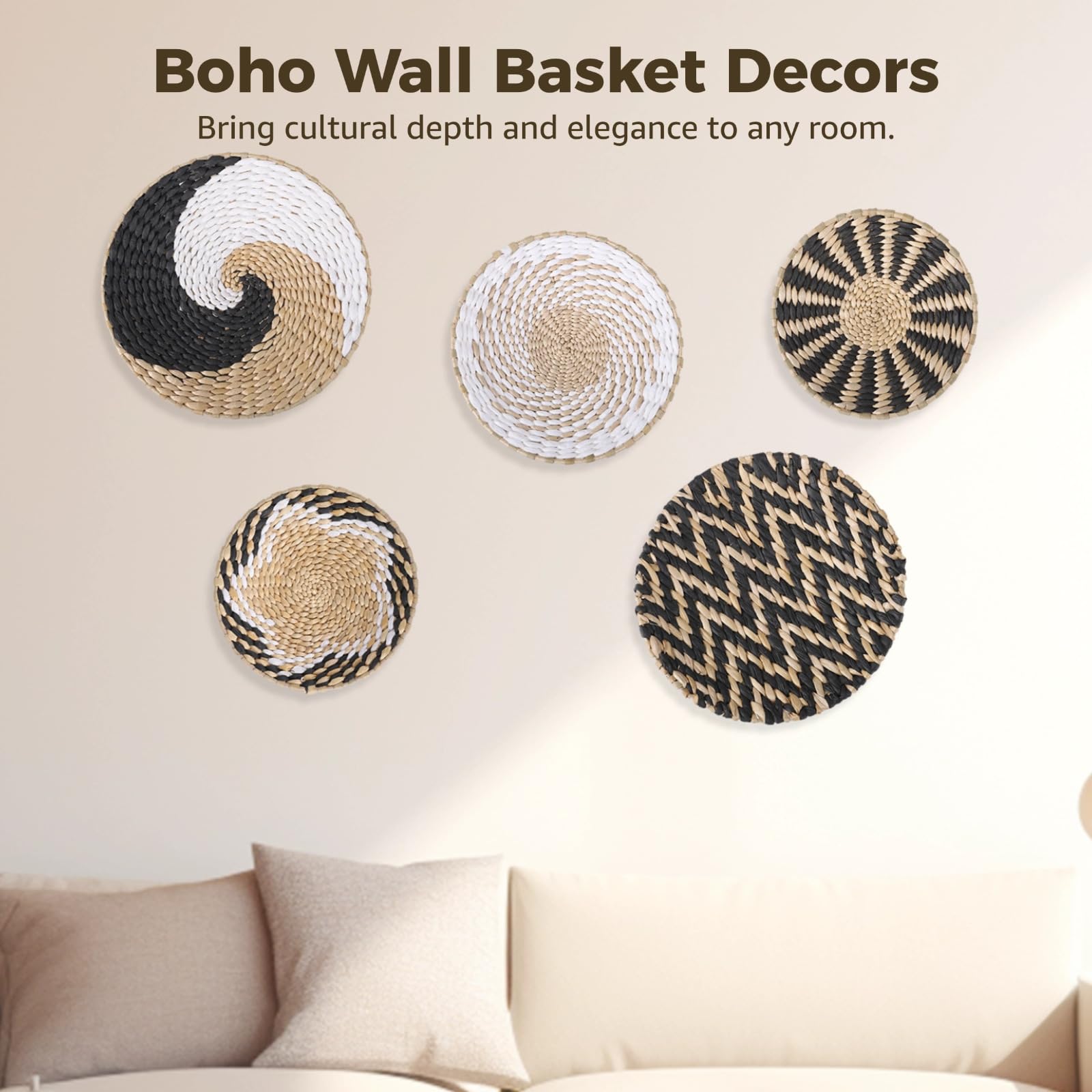 5-teiliges Boho-Rattan-Wandkorb-Set, handgefertigt, gewebtes Dekor für Zuhause und Büro, unverwechselbare Muster und Größen
