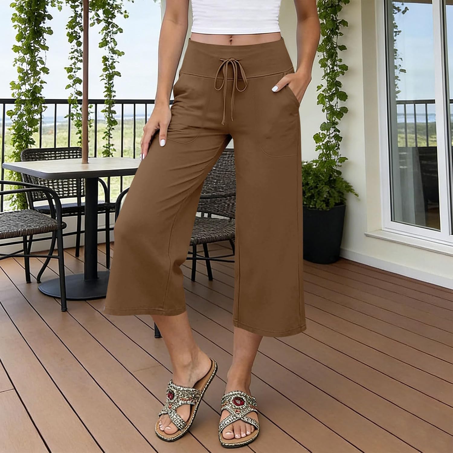 Capri Pants for Women - Wide Leg Loose Casual Trousers with Pockets Summer High Waisted Drawstring Crop Pants