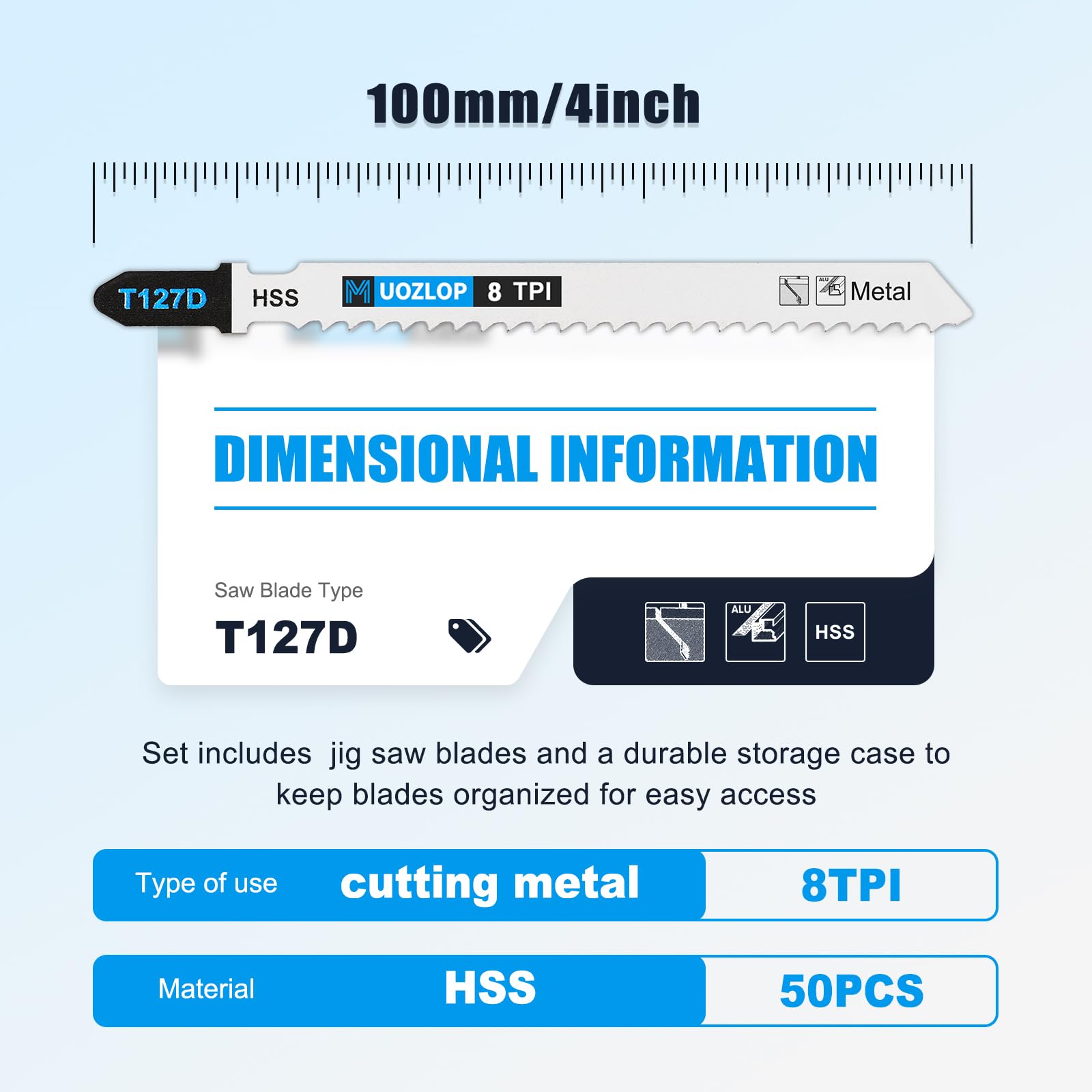 50 lame per seghetto alternativo T127D, 8 lame per seghetto alternativo TPI con custodia, lame per seghetto alternativo con codolo a T, per legno, metallo e plastica (50 pezzi, T127D)