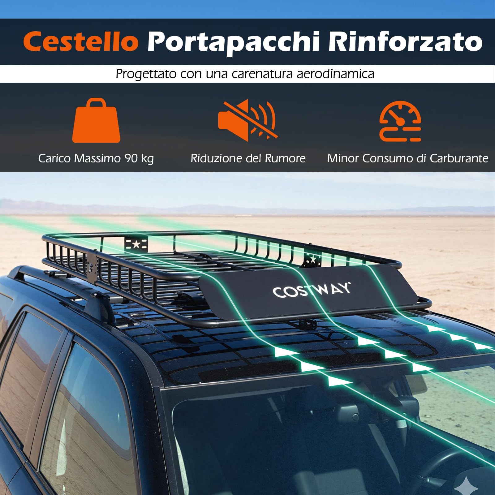 COSTWAY Portapacchi Auto da Tetto, Cestino Portapacchi da Tetto con Borsa per Bagagli e Cinghie a Cricchetto, Portata 90 kg, Barre Portatutto Universale per SUV, Camion, Berlina, 130 x 91 x 17 cm