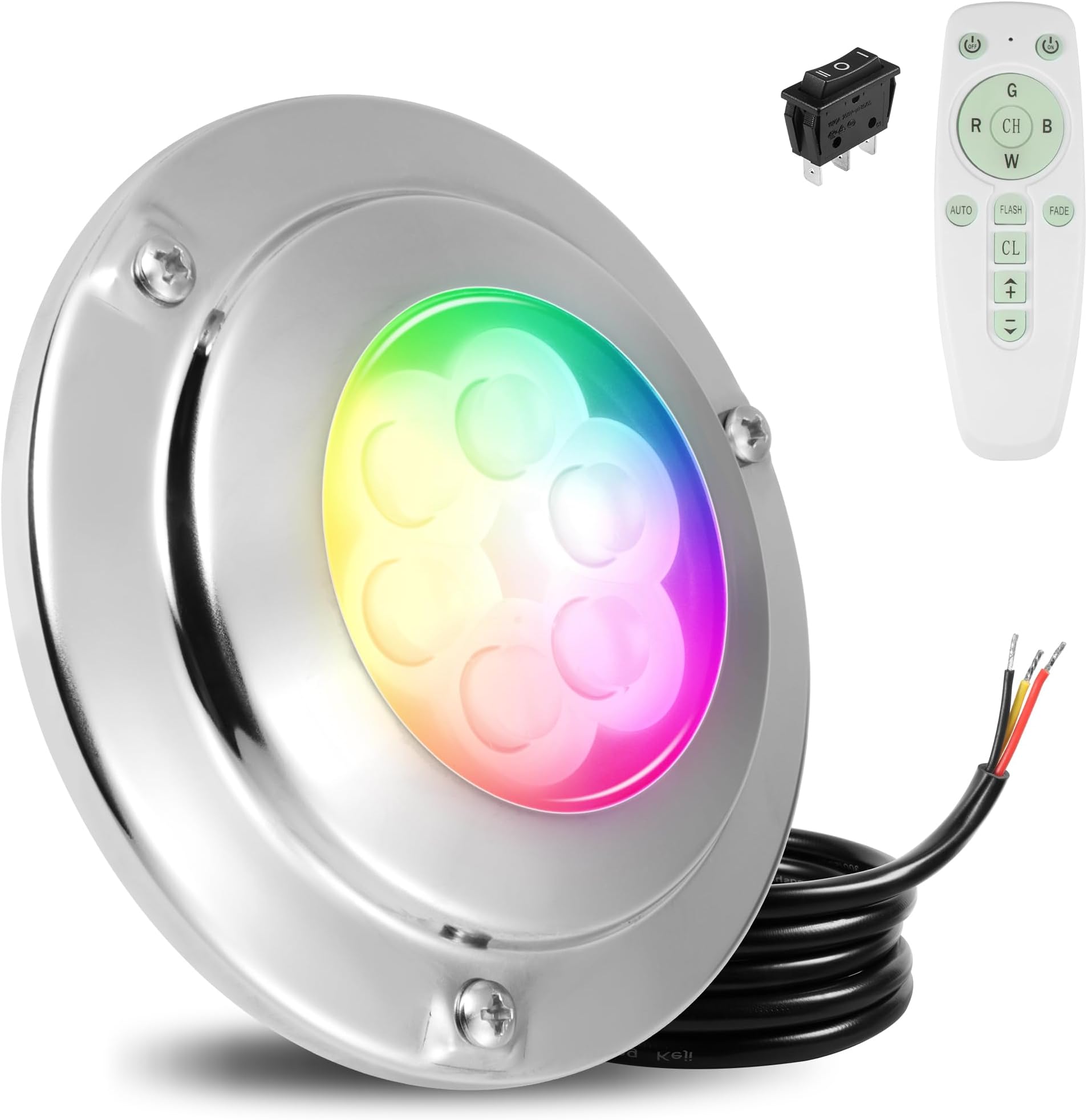 Goldlife 6,000LM Marine Underwater LED Light for Boat, B4-1 RGBW w/RF Remoter Switch, 4.3" 60W DC10-30V 6LED, Dimmable Color-Changing IP68 Submersible Yacht Transom Pontoon Light Surface Mount