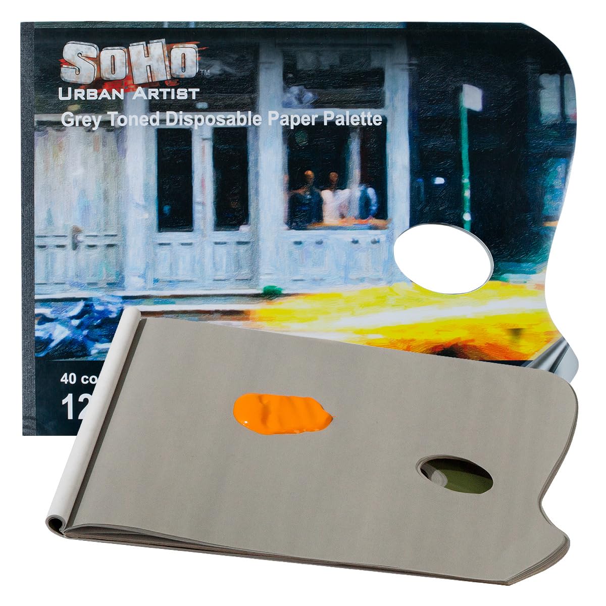 SoHo Urban Artist Disposable Paper Palettes - Grey-Toned 40-Sheet Paper Palette for Plein Air, Painting, Traveling, & More! - [Thumb Hole - 12x16]