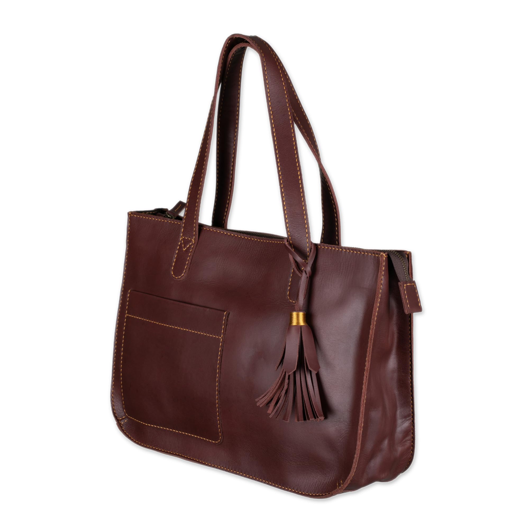 NOVICA Artisan Handmade Leather Tote Bag Dark Brown Shoulder Handbags Solid Indonesia ' City Lines'