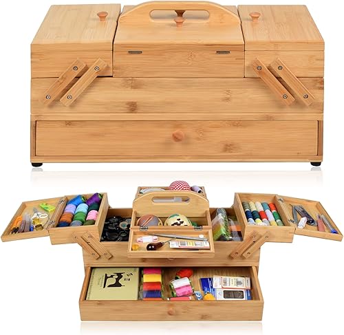 Caja organizadora de madera para suministros de costura, caja de almacenamiento de pasatiempos, cajones de 3 niveles para herramientas de