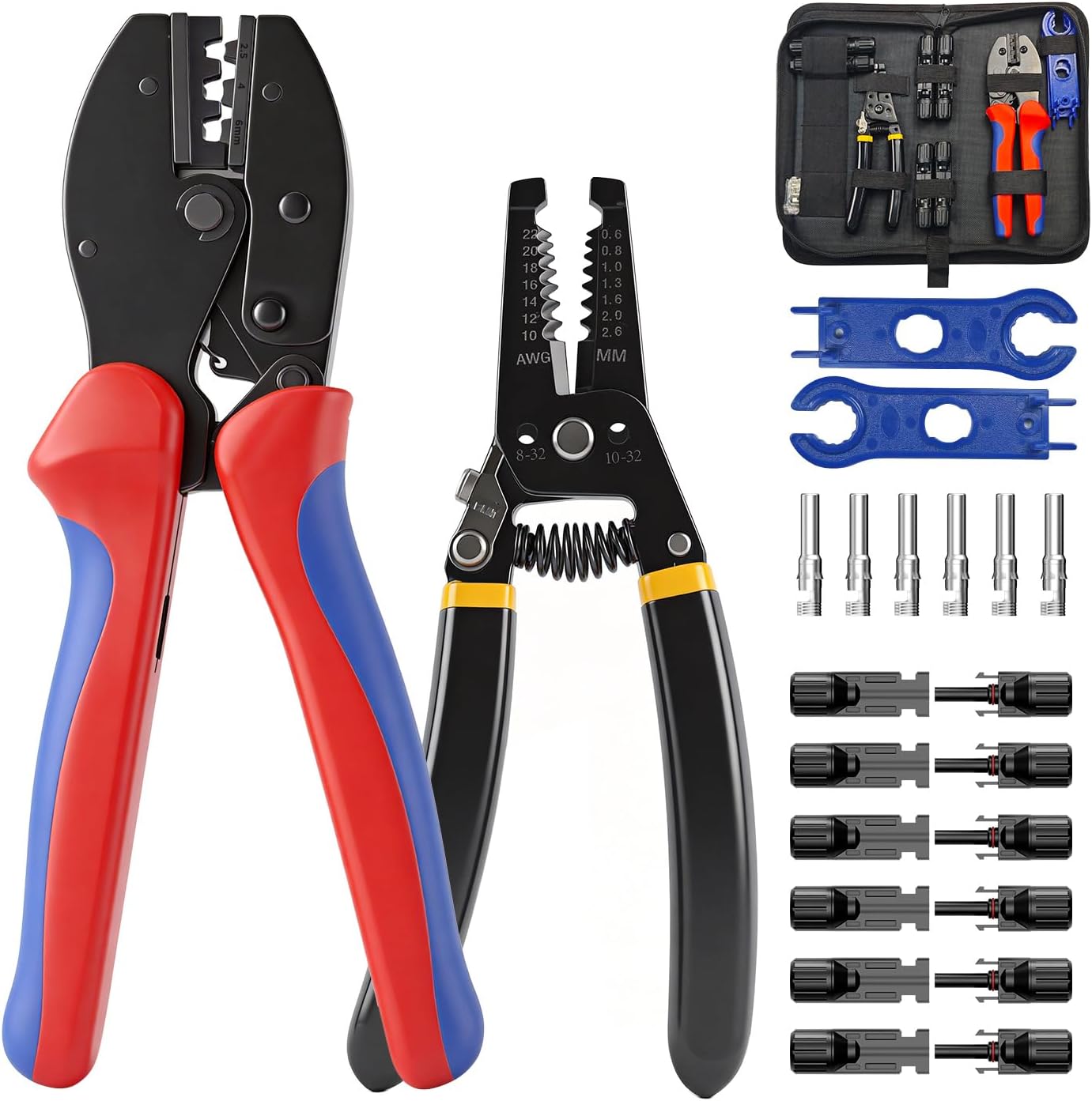 Solar Crimper Tool Kit - Crimper, Stripper, 10 Pairs Solar Connectors, Wrench for 14-10 AWG PV Cables, Universal Set for DIY Solar Projects
