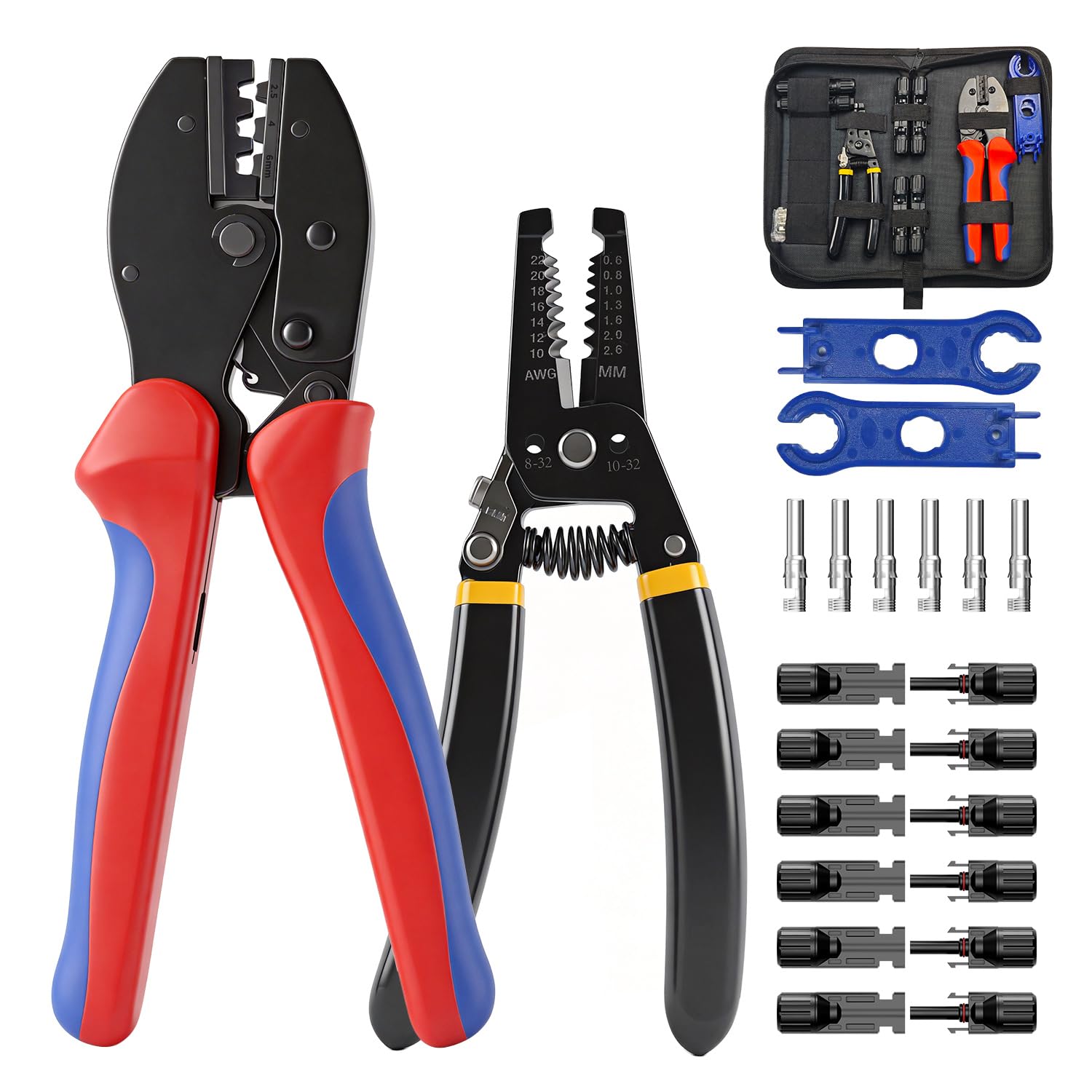Kit de herramientas de crimpado solar con 6 pares de conectores solares, crimpadora, pelacables y 2 llaves inglesas
