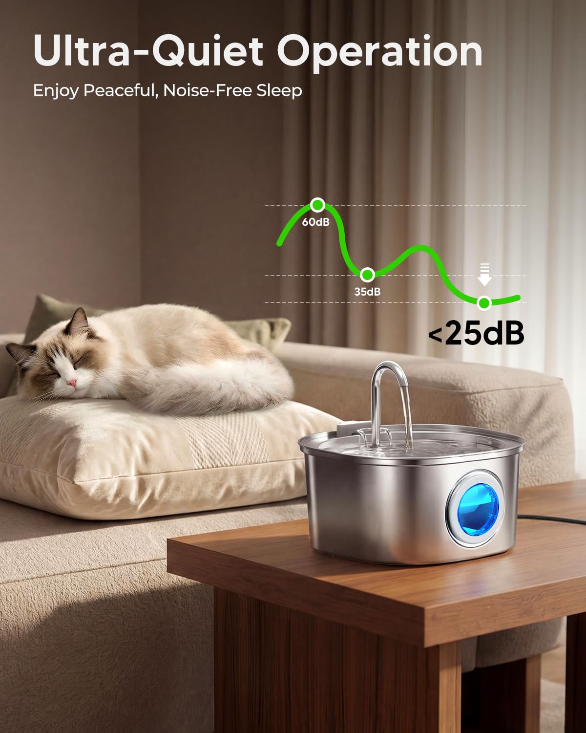 PEKTACO Fuente de Agua para Gatos, Fuente de Agua para Mascotas para Gatos/Perros en Interiores, Fuentes de Agua para Gatos de Acero Inoxidable con Ventana de Nivel de Agua (3.2 L/108 onzas)