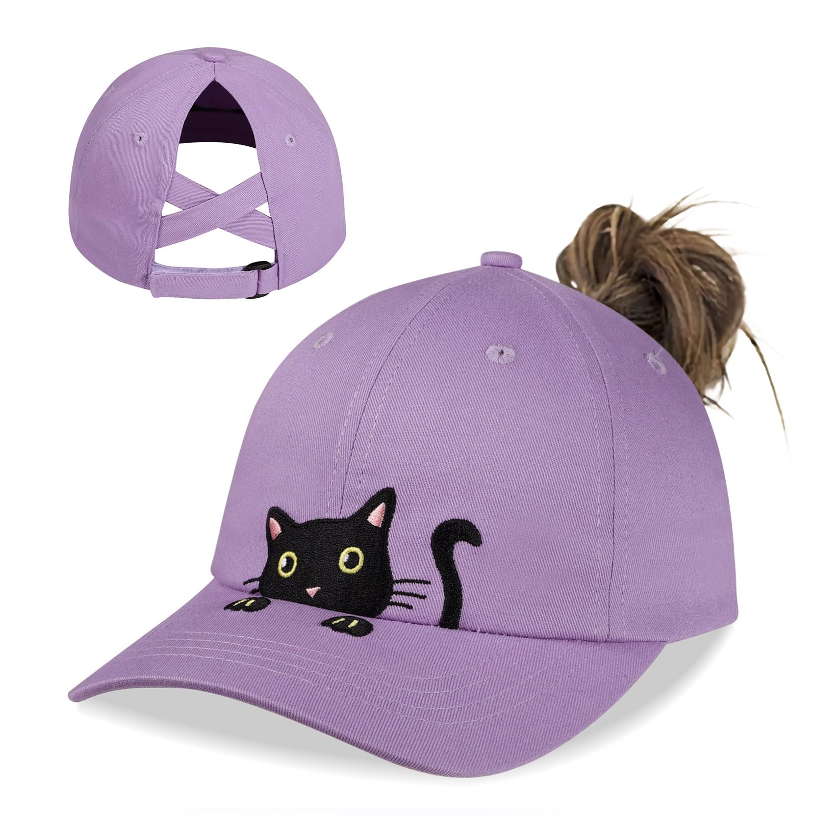 LUCKYBUNNY Girls Ponytail Hat Criss Cross Baseball Cap Cute Cat Embroidered Trucker Hat for Women