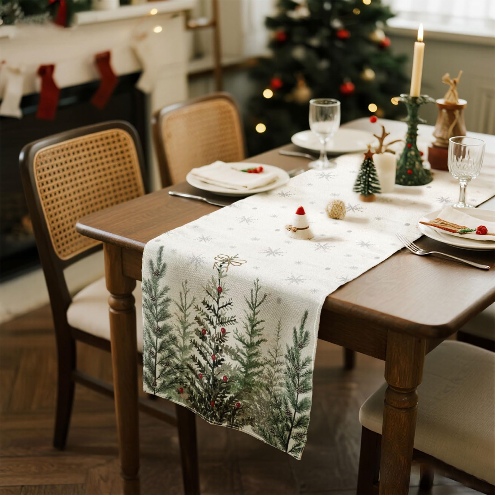 Treer Runner Natalizio da Tavolo, Runner Tavola Tovaglia in Lino Lavabile con Stampa di Natalizia Rosa, Decorazioni Natalizie Centro Tavolo per Interni, Esterni, Feste (33×183cm,Foresta Rosa