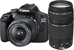 Canon EOS 2000D Spiegelreflexkamera (24,1 MP, DIGIC 4+, 7,5 (3,0 Zoll) LCD, Full-HD, WiFi, APS-C CMOS-Sensor) Inkl. Objektive EF-S 18-55mm is II F3.5-5.6 is II Und EF 75-300mm F4-5.6 III, Schwarz