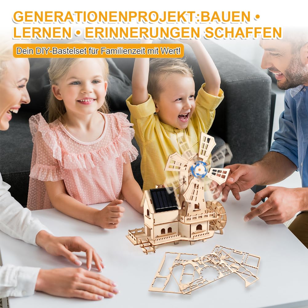 Silkwish 3D houten puzzel huis met solar windmolens - DIY houten bouwpakket knutselset voor volwassenen - roterende windmolen met zonne-energie modelbouwpakket | incl. Duitse handleiding