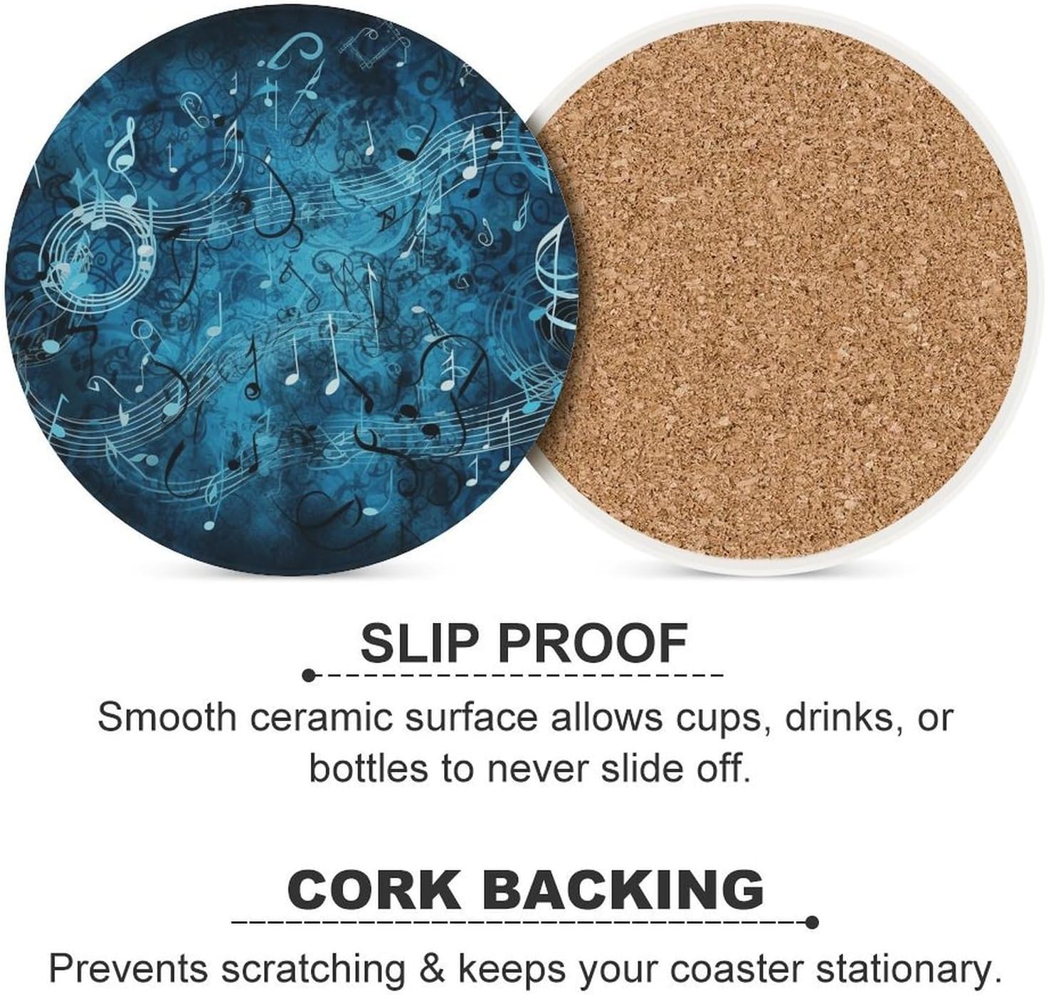 Blue Musical Notes Coaster with Cork Base Drink Coasters for Coffee Table Decor Modern Cup Coasters with Non-Slip & Heat-Resistant Cute Ceramic Table Coaster for Home Dining