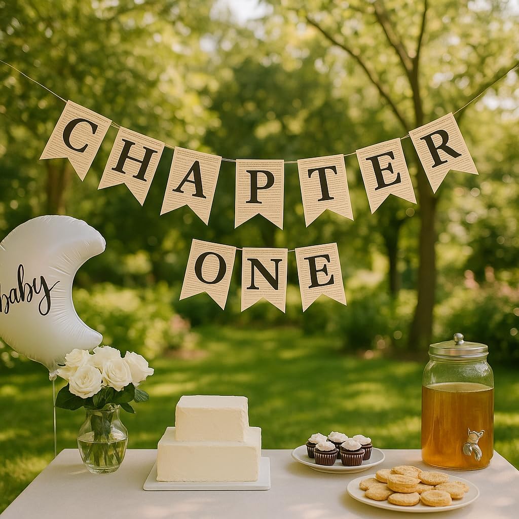 First Birthday Decorations Banner “Chapter One” – Baby 1st Birthday Party Decor, Vintage Storybook Garland, Cake Smash Photo Backdrop for Boys & Girls