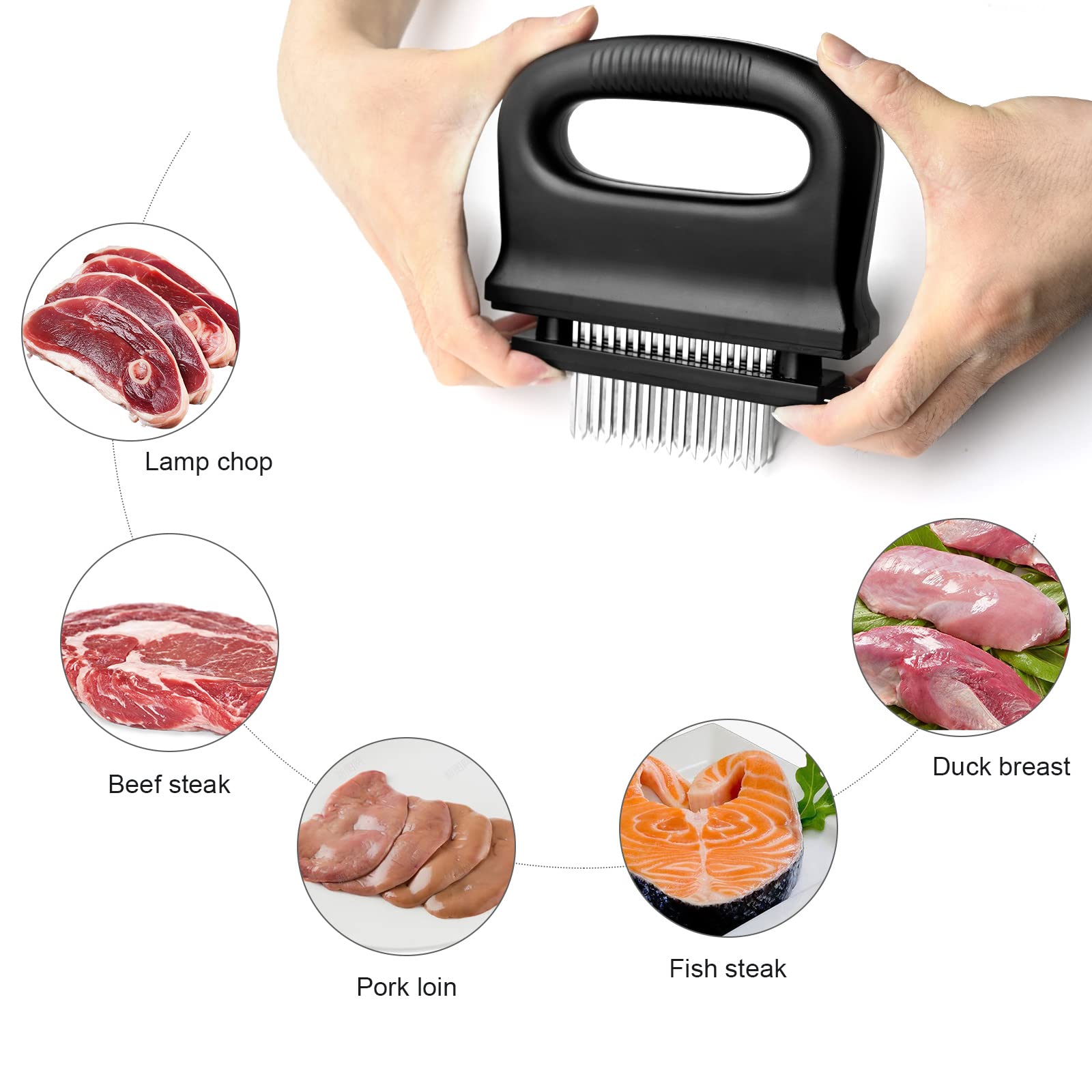 Batticarne Acciaio Inox, Ago Inteneritore per Carne con con Spazzola di Pulizia e 48 Lame in Acciaio Inossidabile, Strumento Inteneritore di Bistecca per la Lavorazione della Carne