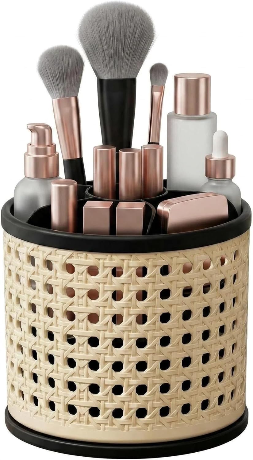 Makeup Organizer, 360 Degree Rotating Makeup Brush Holder with Weighted Base, Detachable Desktop Storage Box for Bedroom Bathroom Vanity, Soft Edges, Multi Compartments for Cosmetics