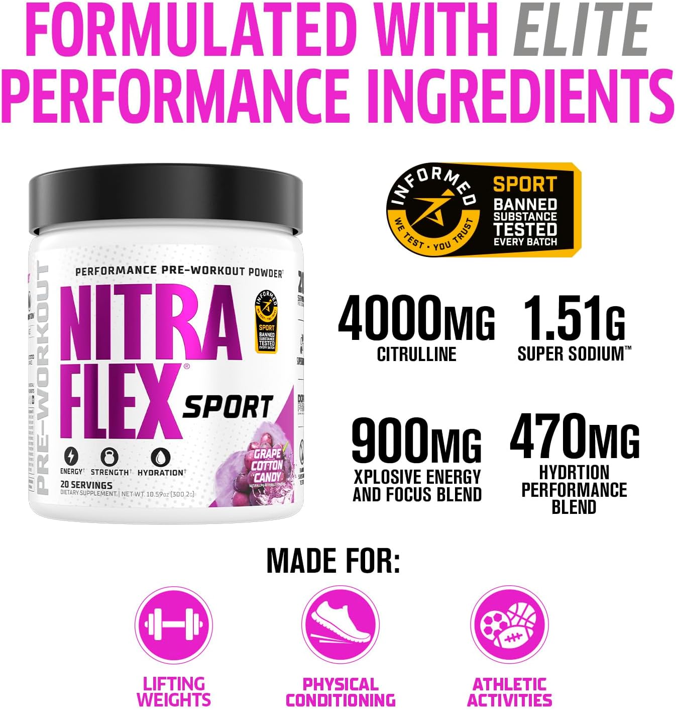Nitraflex Sport Grape Cotton Candy Pre-Workout Powder, Banned Substance Tested, Citrulline, Betaine, Electrolytes, Hydration, Boron, for Men & Women, 20 Servings - Image 2