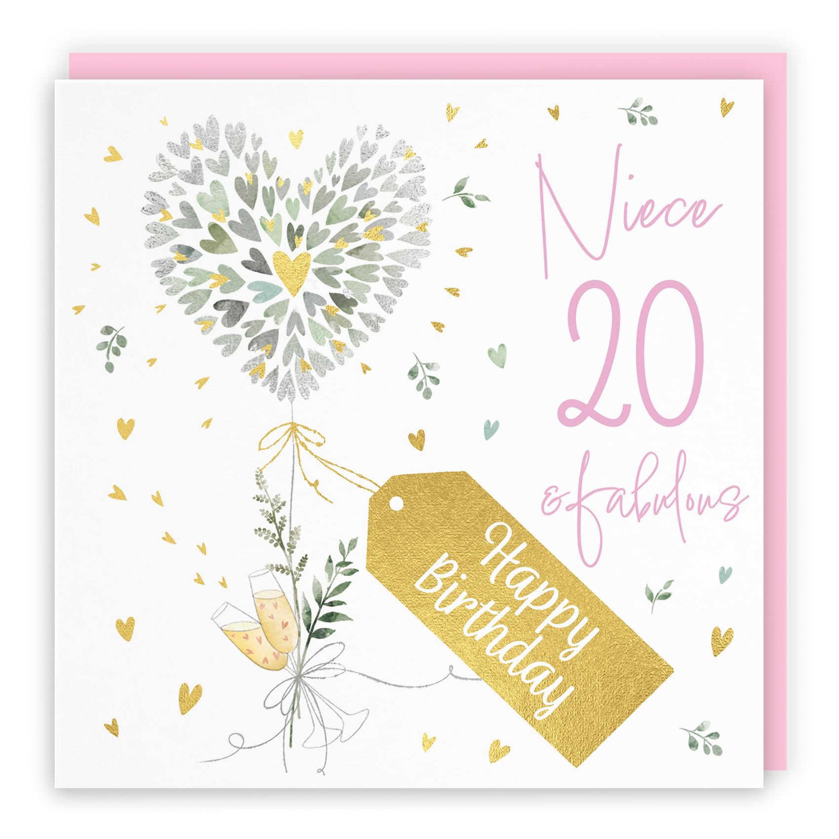 Hunts England - 20th Niece Contemporary Hearts Birthday Card - Gold Foil - Milo's Gallery - Age 20 Champagne Birthday Card For Niece - For 20 Year Old - Fabulous Pink Envelope