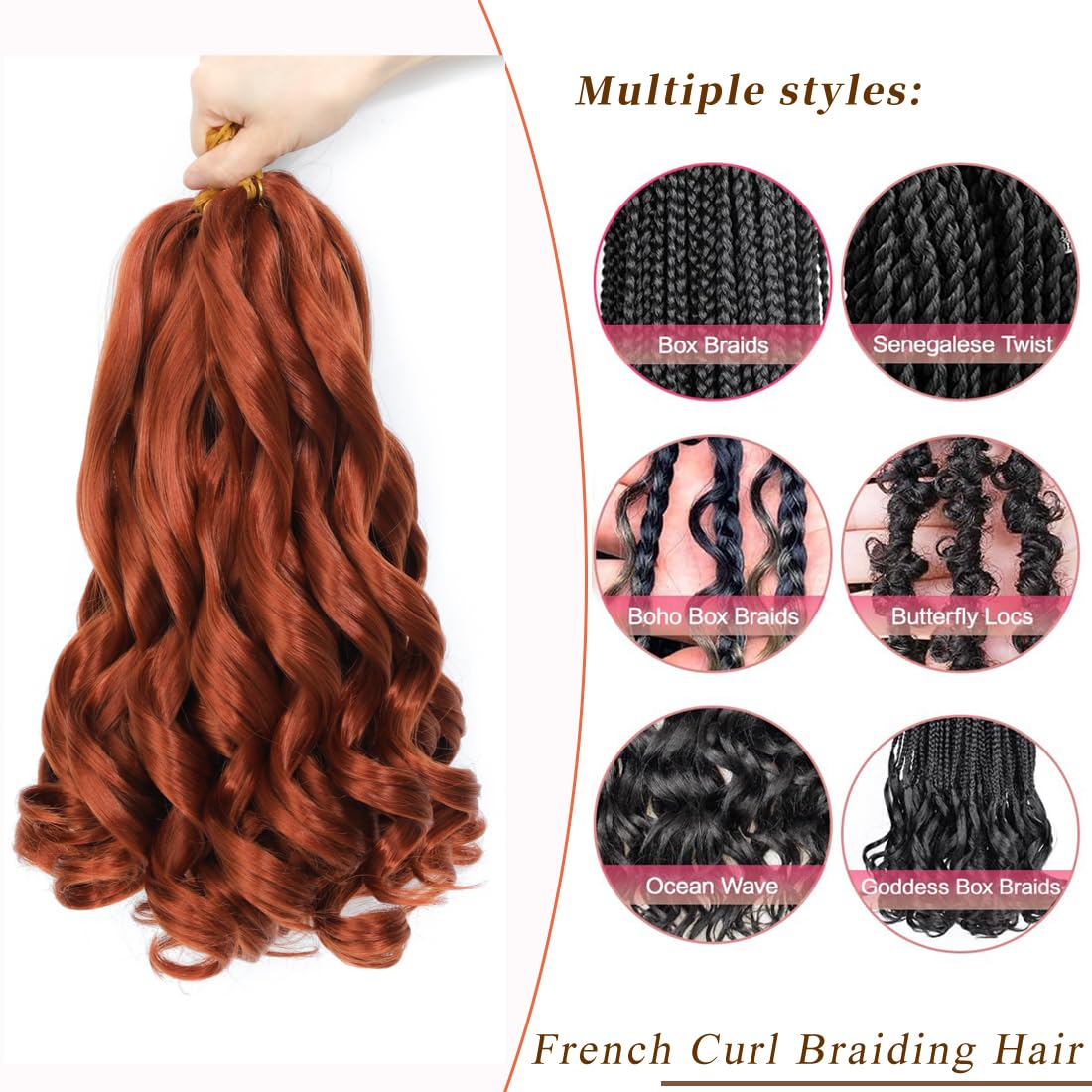 French Curl Braiding Hair 20 Inch 8 Packs Curly Braiding Hair Pre Stretched French Curls Braiding Extension Curl Crochet Braids Spiral Extensions (350# - Image 2