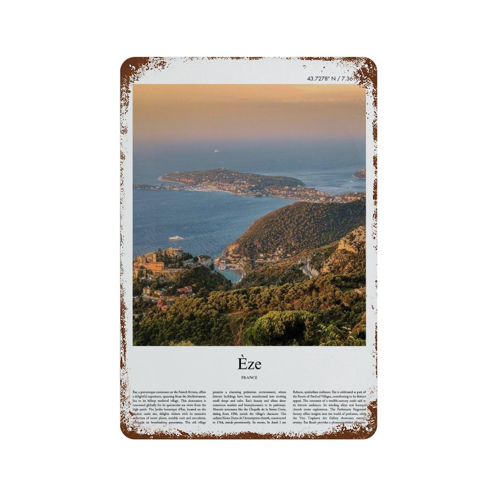 xiaoxiaoshen Èze France City Scenery Wall Decor Art Metal Tin Poster Modern Home Decor Art Home Bar Shop Decorations Vintage Sign 30x20cm
