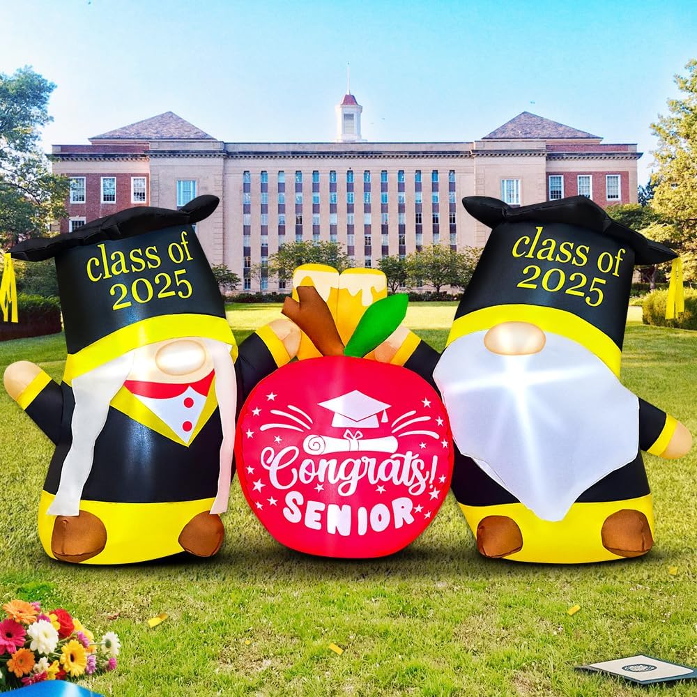 KOOY 6FT Inflatable Graduation Decorations with LED Lights – Blow Up Graduation Yard Sign, Inflatable Graduation Gnomes Grad Decor for Party College High School, Perfect for Yard Event Decor