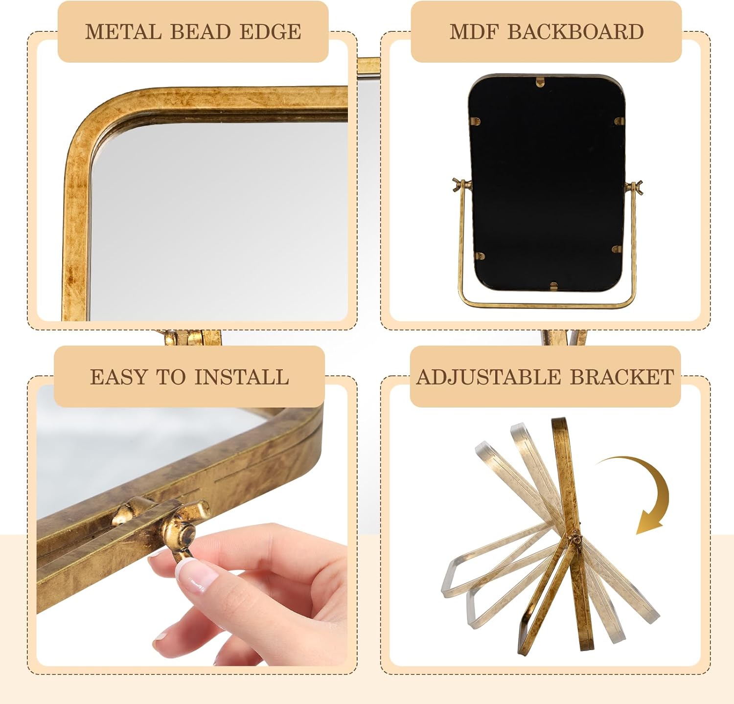 Vintage Makeup Desk Mirror, 12" L x 7.9" W Antique Gold Vanity Table Mirror, Metal Framed Rectangular Small Standing Mirrors, 360 Adjustable Rotation Mirrors for Tabletop, Bathroom