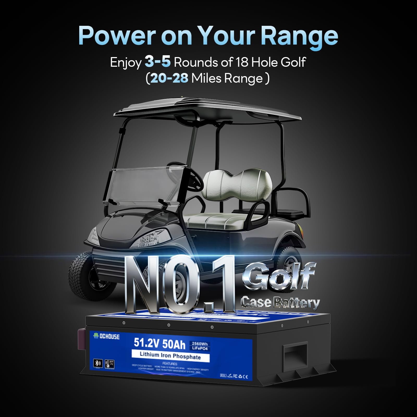 DCHOUSE Batteria LiFePO4 48V 50Ah con Caricatore 18A, Bluetooth e Monitor, BMS 100A, Protezione Bassa Temperatura, Carcassa Metallica, per Golf Cart, Camper e Sistema Solare