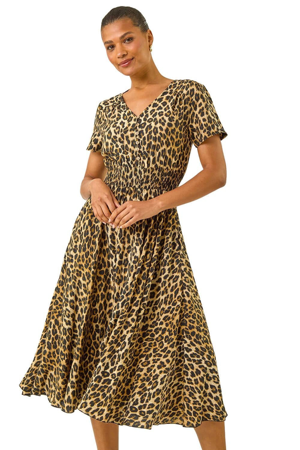 Roman Women's Tan Animal Print Shirred Midi Dress Size 18