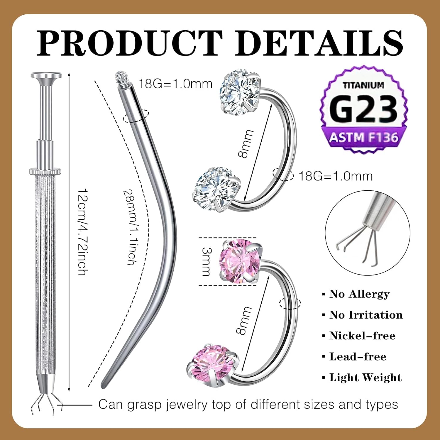 G23 Titanium Horseshoe Nose Ring 18G, 2 Pcs Double Gem Nose Ring for Women, 6mm 7mm 8mm Hypoallergenic Horseshoe Nose Rings Helix Tragus Earring Hoops Labret Lip Piercing Jewelry