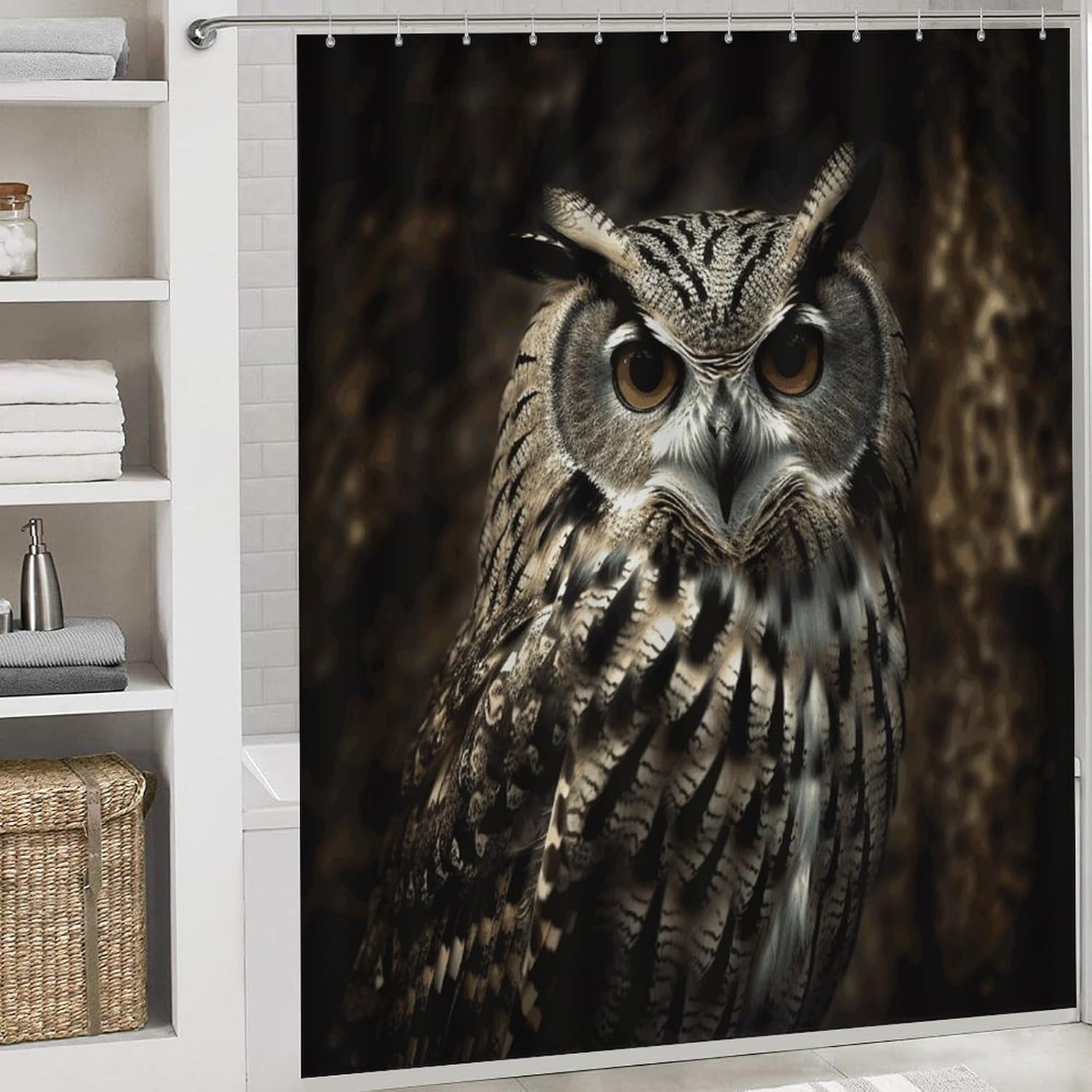 an Owl Shower Curtains Set 4 Piece with Non-Slip Rugs, Toilet Lid Cover and Bath Mat Soft Bathroom Carpet Waterproof Bathroom Curtain with 12 Hooks for Bathroom Decor