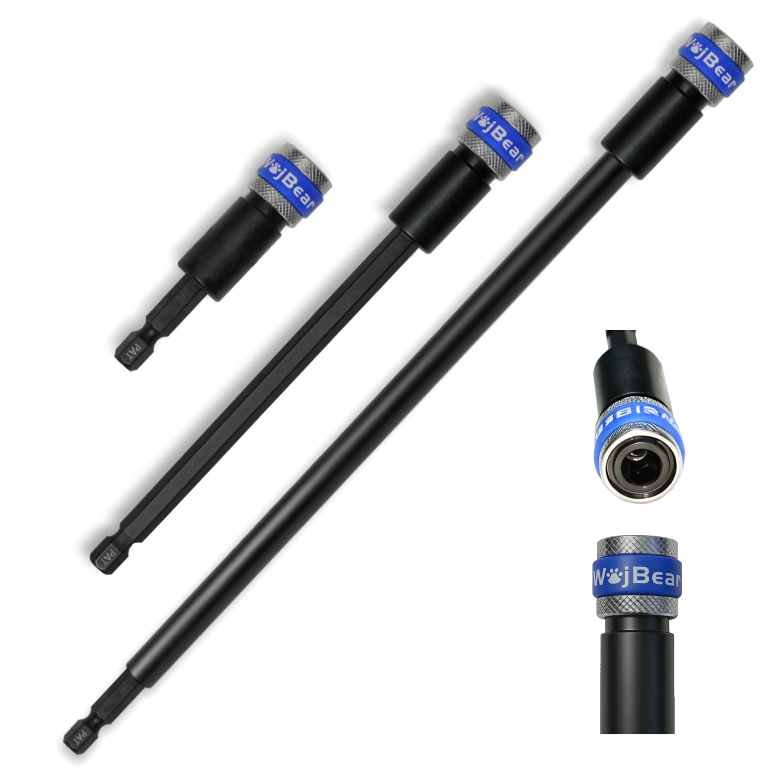 WojBear 3 PCS Drill Bit Extension Holder for Impact Driver, 1/4”Hex Shank Quick Release Screwdriver Bit Holder, S2 Steel New Upgraded Spring & 3-Ball Lock Design(65/150/250)