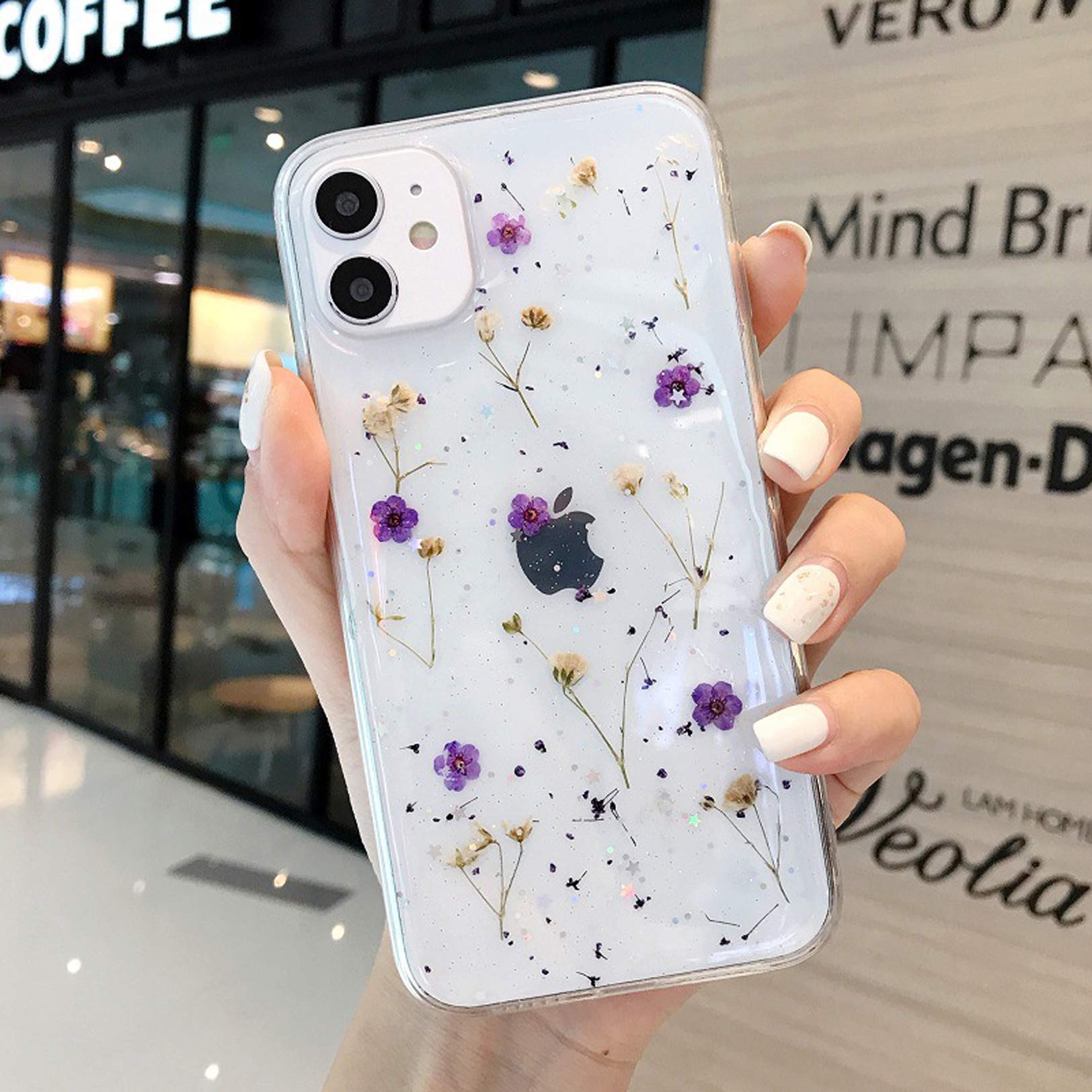 Custodia Artistica Per IPhone 12 Pro/12 Con Fiori Secchi Veri - Margherite Bianche E Rosa - Silicone Morbido
