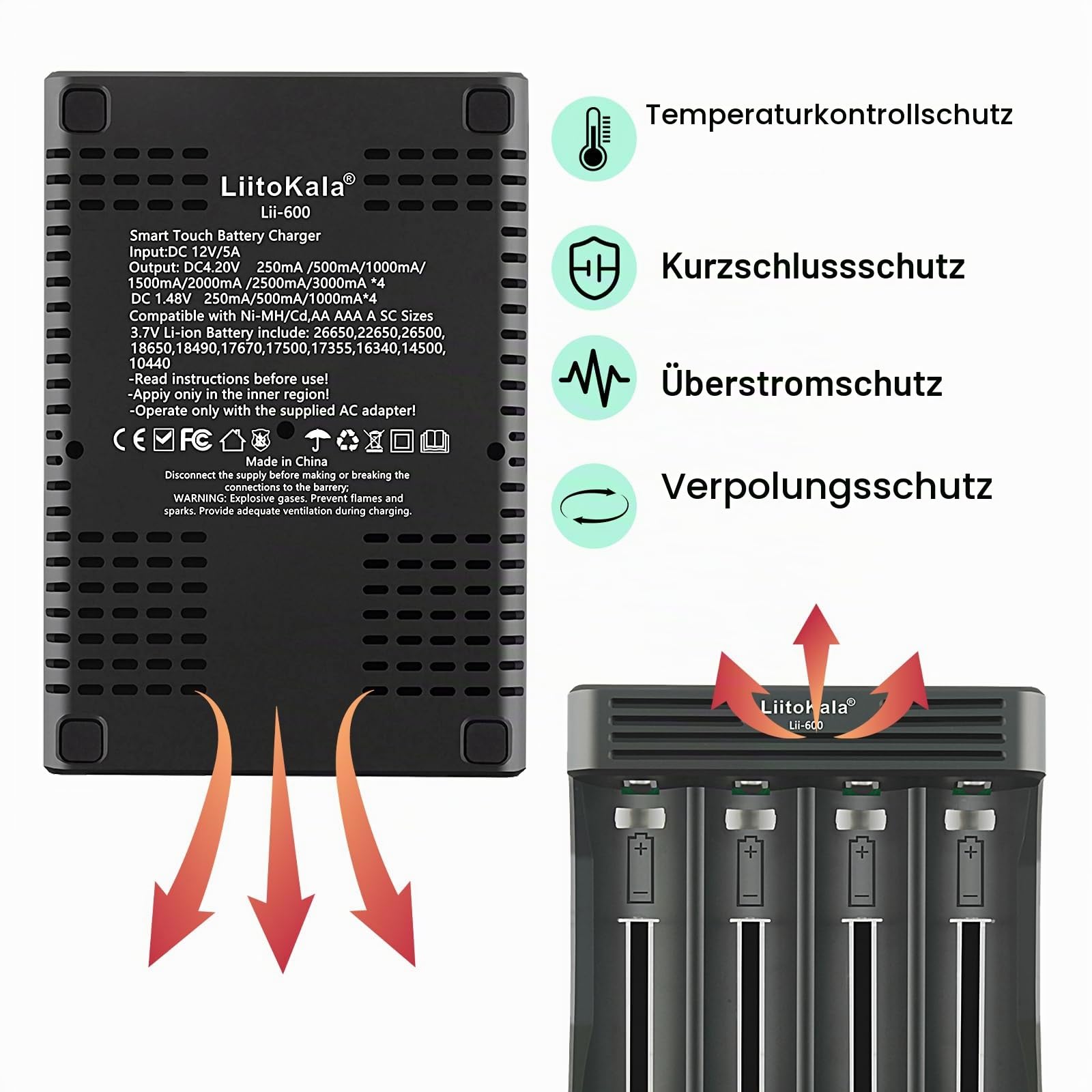 LiitoKala Lii-600 Batterieladegerät mit LCD Touch Control Display, USB 5V Mobile Output, für 14550 18490 18650 26650 Li-Lion (3.7V), AA AAA SC NI-MH Li-ion (1.2V), 12V5A, 4 Bay