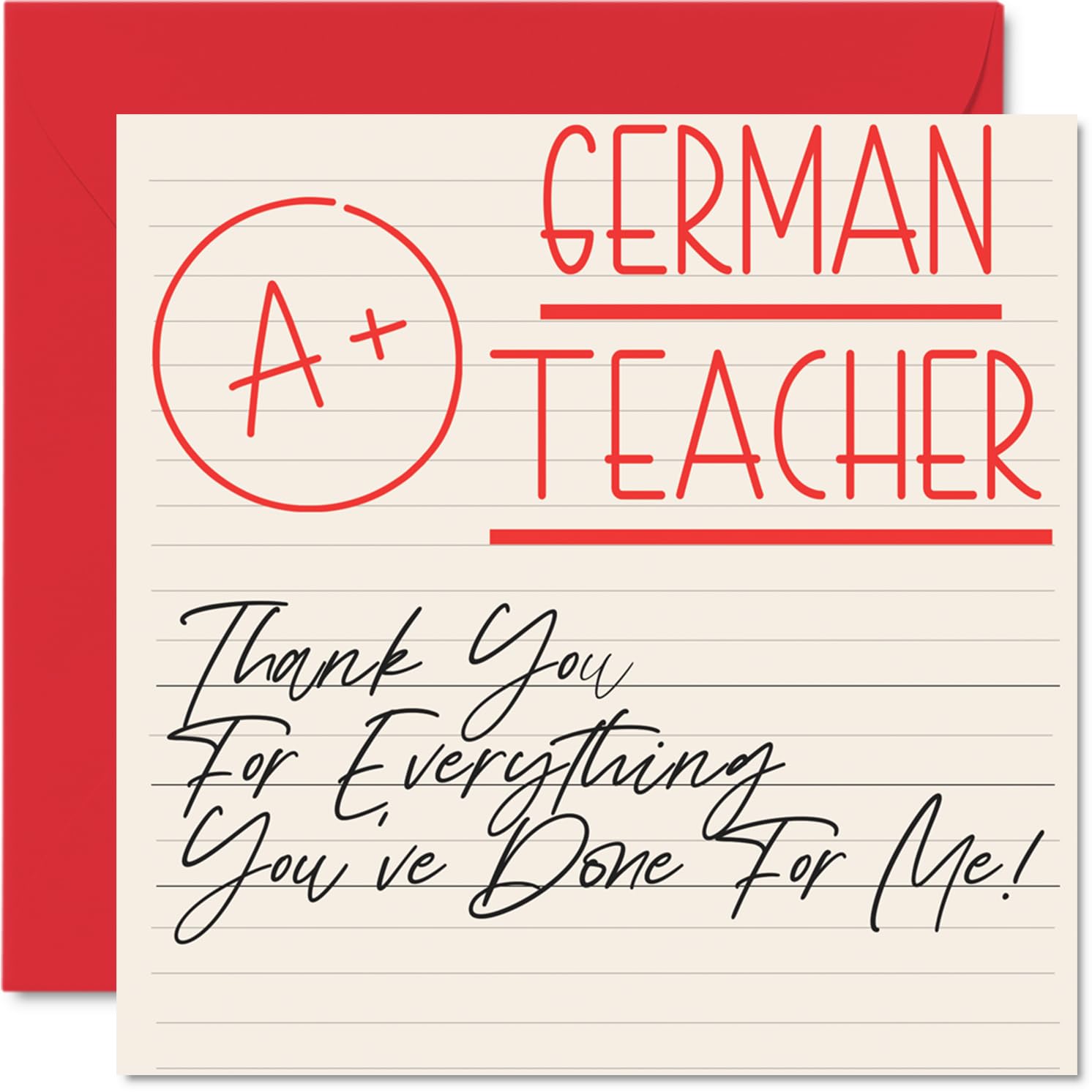 Thank You Cards for German Teacher - A+ Teacher - Thankyou Cards for Him Her Men Women Teacher, Heartfelt Appreciation Card, 145mm Thank You So Much Greeting Gifts