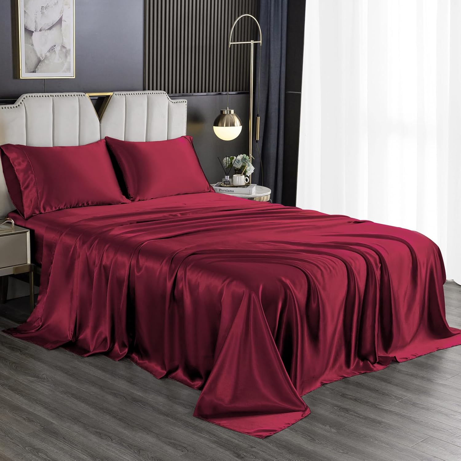 HENGWEI California King Size Satin Sheets 4 Pcs Silky Bed